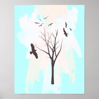Tree Silhouette With Birds - Poster Print