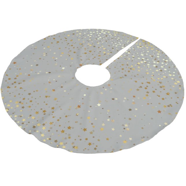 Tree Skirt-Gold Stars Silver-Gray Brushed Polyester Tree Skirt (Angled)