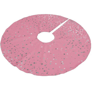 Tree Skirt-Silver-Gray Stars Pink Brushed Polyester Tree Skirt
