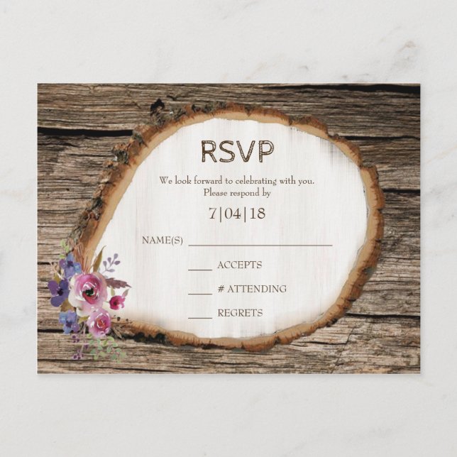Tree Slice Stump Flowers Wedding RSVP Postcard (Front)
