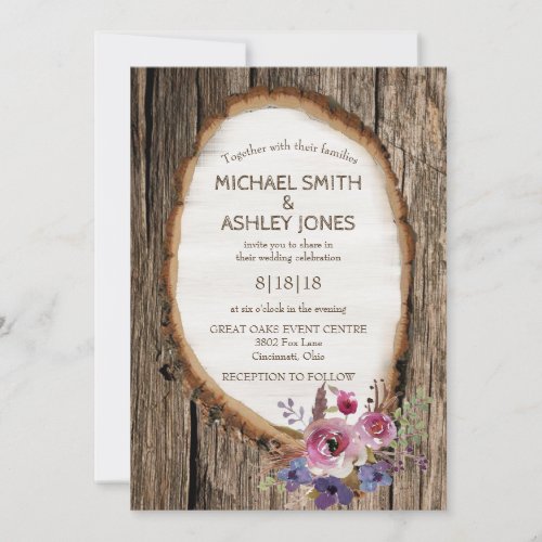 Tree Slice Stump with Flowers Wedding Invitation