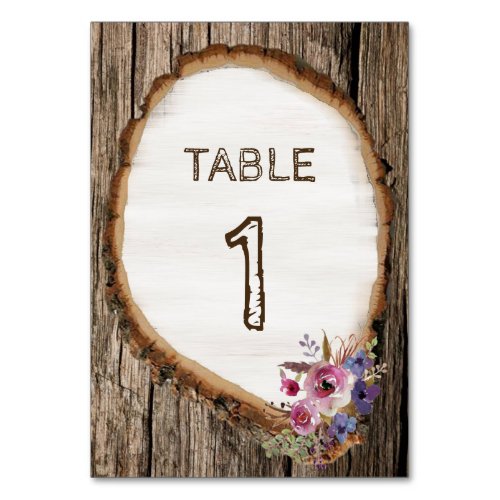 Tree Slice Stump with Flowers Wedding Table Number