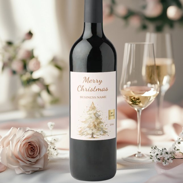 Tree snow beige Christmas Party business Wine Label (Creator Uploaded)