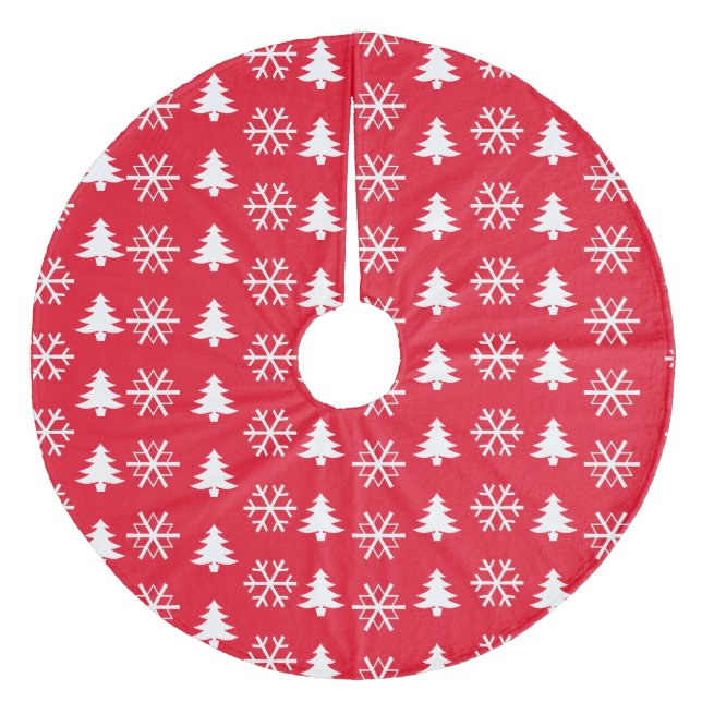 Tree Snowflakes on White on Red Fleece Tree Skirt (Front)