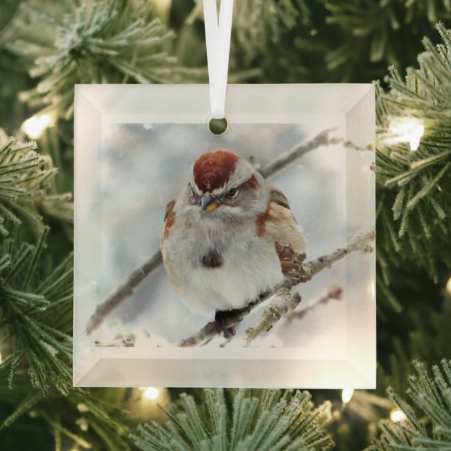 Tree Sparrow in Winter Beveled Glass Ornament