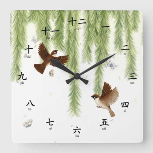 Tree Sparrows Chinese Numbers with Pinyin Phonetic Square Wall Clock