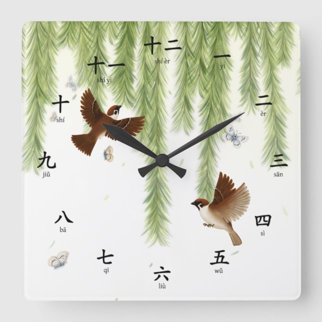 Tree Sparrows Chinese Numbers with Pinyin Phonetic Square Wall Clock (Front)