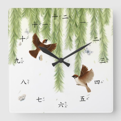 Tree Sparrows Chinese Numbers with Zhuyin Fuhao Sq Square Wall Clock