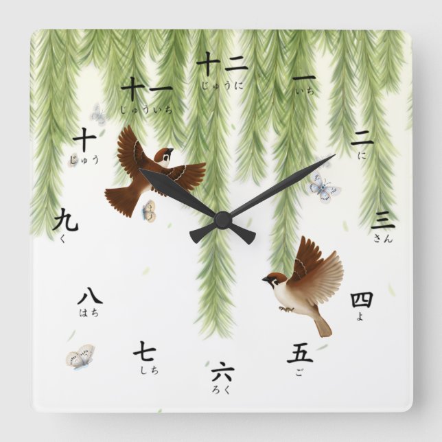 Tree Sparrows Kanji Numbers with Hiragana Square W Square Wall Clock (Front)