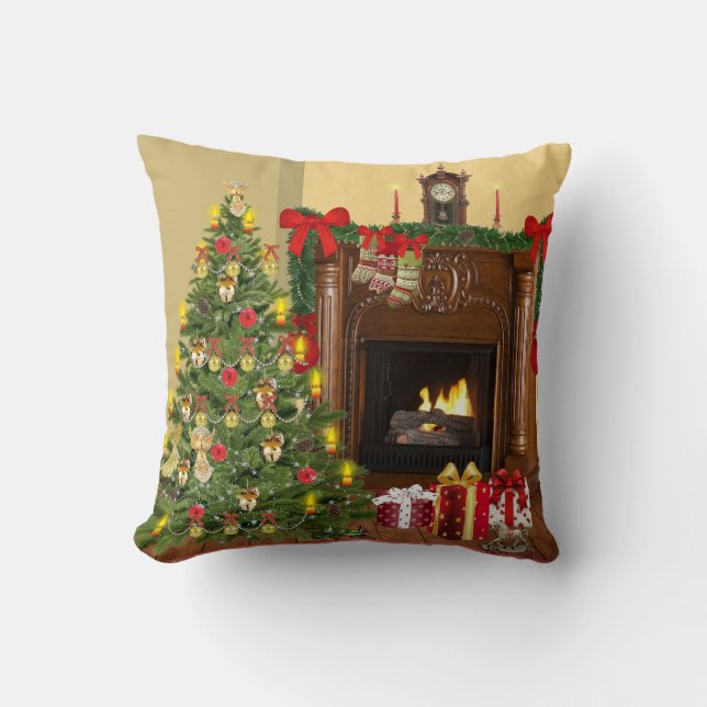 Tree, Stockings and Fireplace Cozy Christmas Throw Pillow (Front)