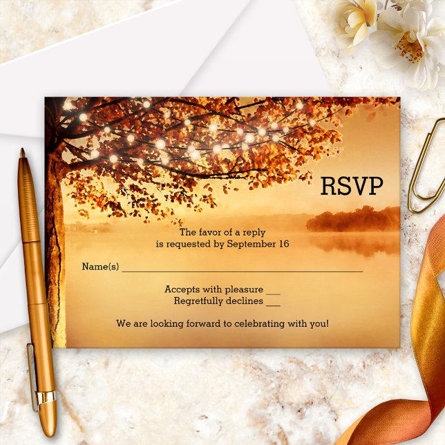 Tree String Lights Fall Wedding RSVP Card (A romantic fall wedding RSVP card with string lights on a tree overlooking the water.)
