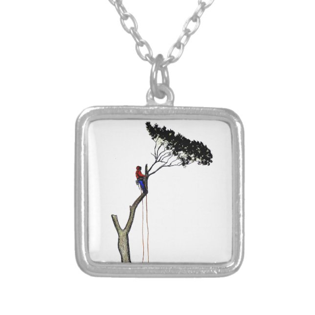 Tree Surgeon Arborist at work present Chainsaw Gif Silver Plated Necklace (Front)