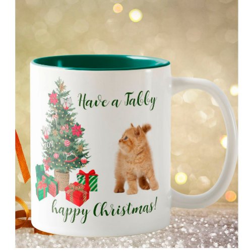 Tree Tabby Cat Happy Christmas Two_Tone Coffee Mug