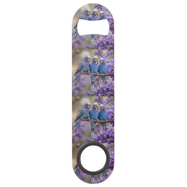 Tree Top Chatter: Blue Budgies In Jacaranda Tree, Bar Key (Front)