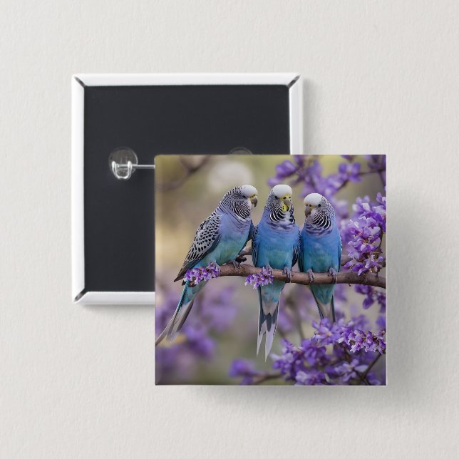 Tree Top Chatter: Blue Budgies In Jacaranda Tree, Button (Front & Back)