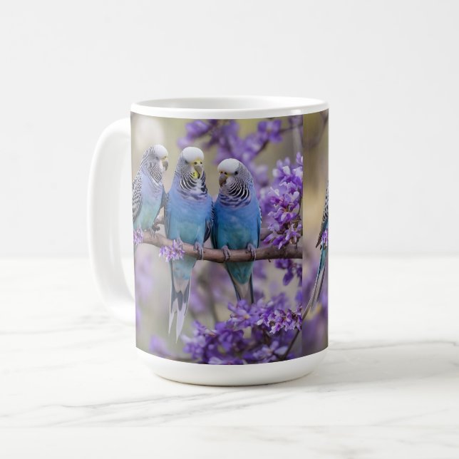 Tree Top Chatter: Blue Budgies In Jacaranda Tree, Coffee Mug (Front Left)