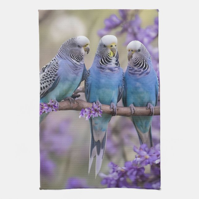 Tree Top Chatter: Blue Budgies In Jacaranda Tree, Kitchen Towel (Vertical)
