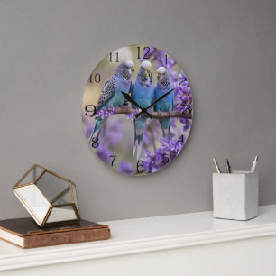 Tree Top Chatter: Blue Budgies In Jacaranda Tree, Large Clock