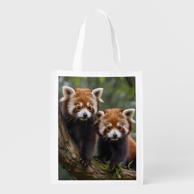 "Tree-top Explorers: Baby Red Pandas Looking Out Grocery Bag (Front)