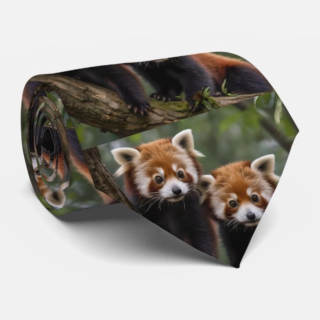 "Tree-top Explorers: Baby Red Pandas Looking Out Neck Tie (Rolled)
