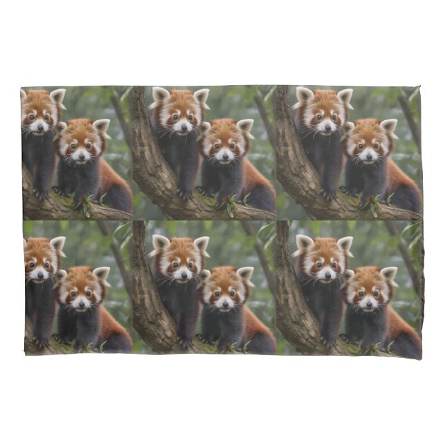 "Tree-top Explorers: Baby Red Pandas Looking Out Pillow Case (Front)