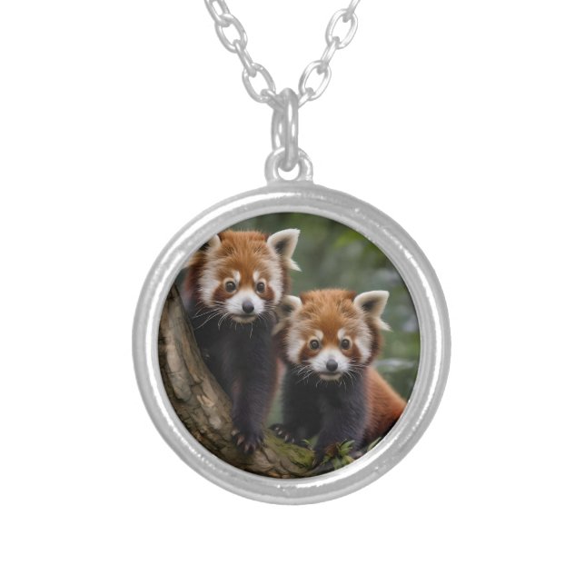 "Tree-top Explorers: Baby Red Pandas Looking Out Silver Plated Necklace (Front)