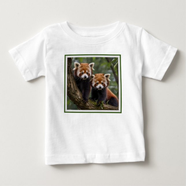 "Tree-top Explorers: Baby Red Pandas Looking Out T-Shirt (Front)