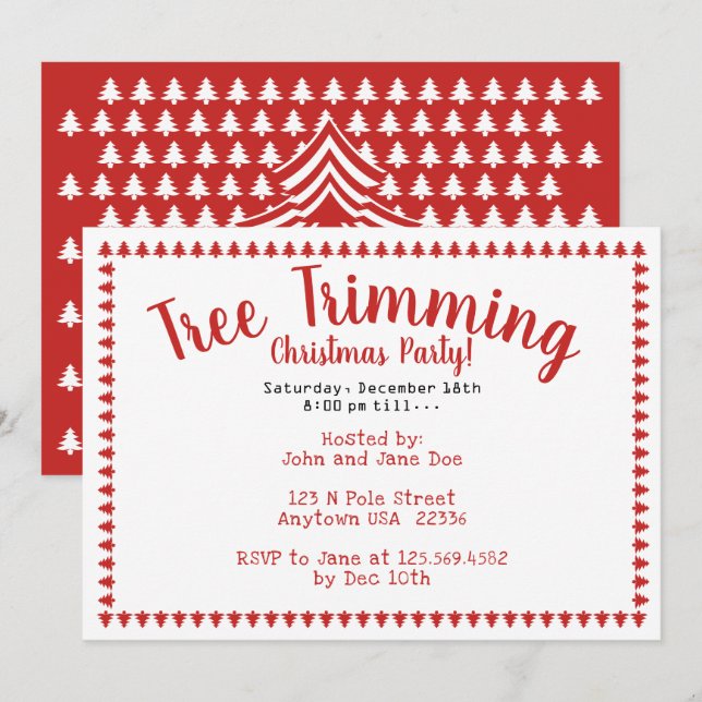 Tree Trimming Christmas Party Red/White Fonts Invitation (Front/Back)