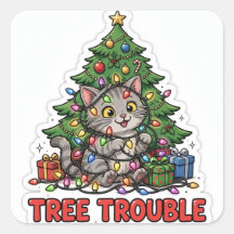 Tree Trouble Sticker — Gray Tabby Kitten Christmas