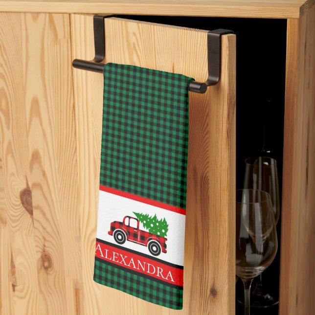  Tree Truck Chef  Red Green Holiday Plaid Kitchen  Kitchen Towel (Thirds Fold)