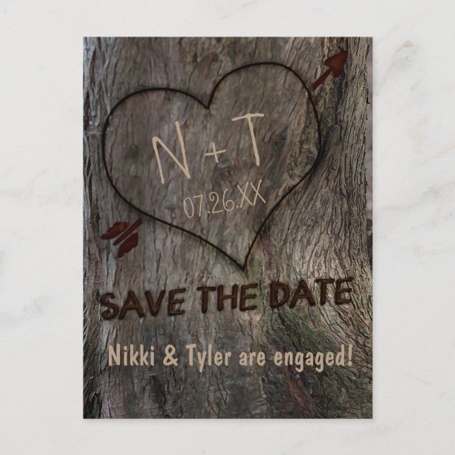 Tree Trunk + Carved Heart Save The Date Postcard (Front)