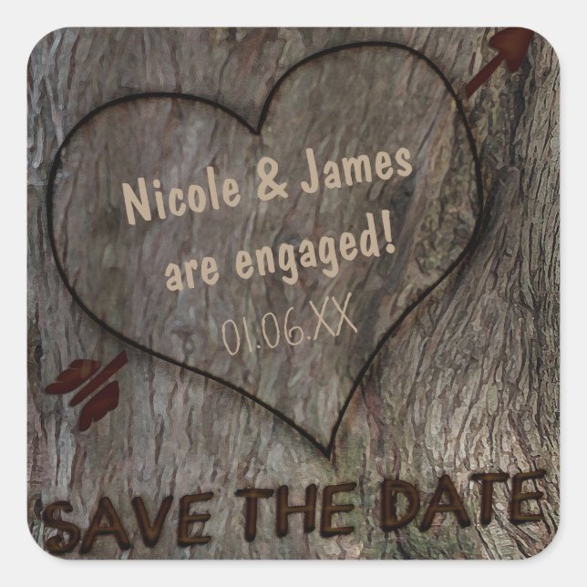 Tree Trunk + Carved Heart Save The Date Stickers (Front)