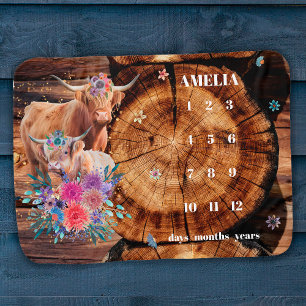 Tree Trunk Gold Floral Highland Cow Baby Milestone Blanket