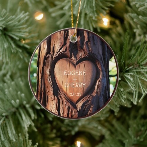 Tree Trunk Hand Carved Names Romantic Keepsake  Ceramic Ornament