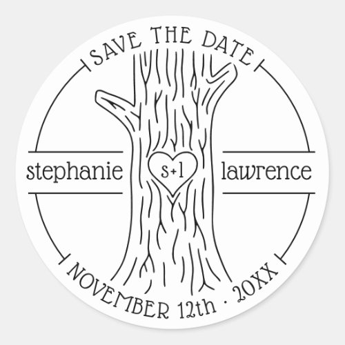 Tree Trunk Initials  Rustic Wedding Save The Date Classic Round Sticker