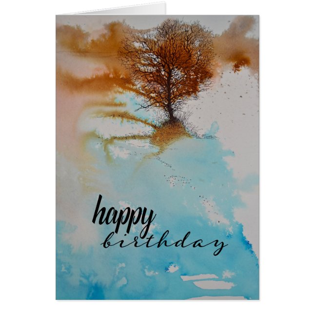 Tree Watercolor Art Happy Birthday Greeting (Front)