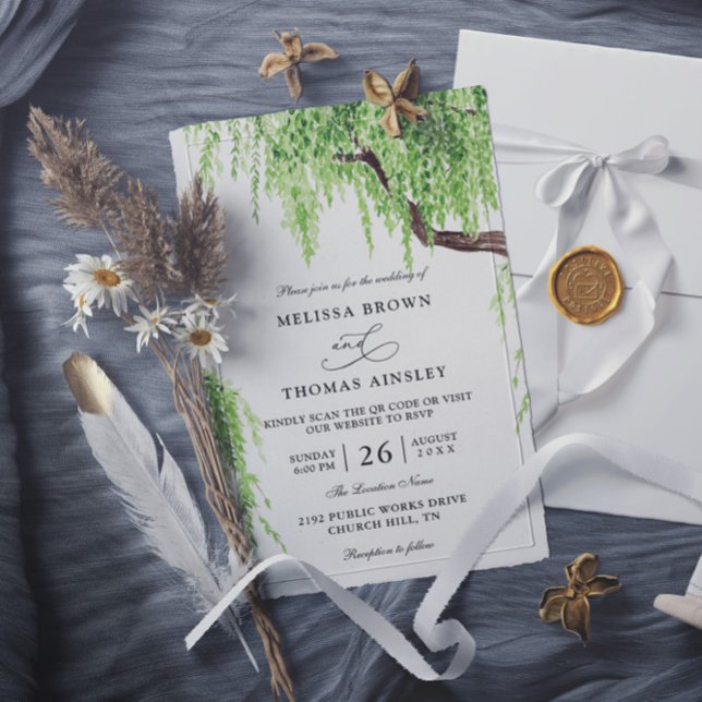 Tree Weeping Willow Budget QR Code Wedding Invitation (Creator Uploaded)