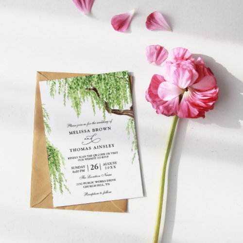 Tree Weeping Willow Budget QR Code Wedding Invitation