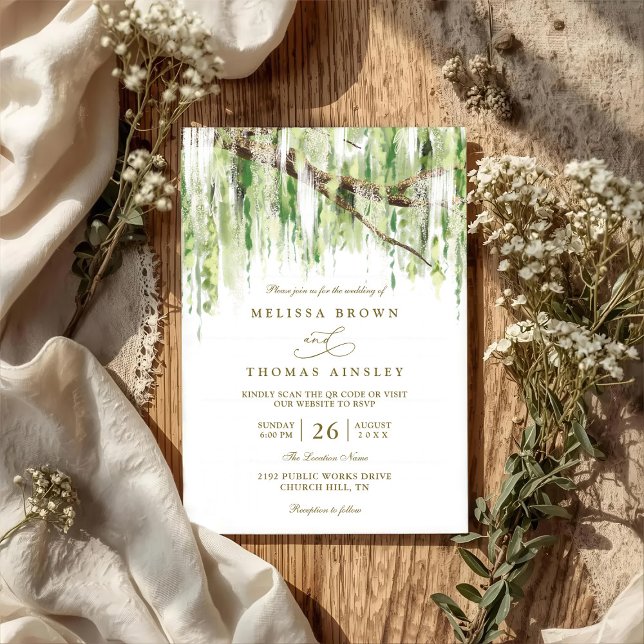 Tree Weeping Willow Rustic Budget QR Code Wedding Invitation (Creator Uploaded)