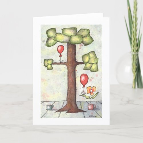 Tree with Balloon Watercolor Greeting Card