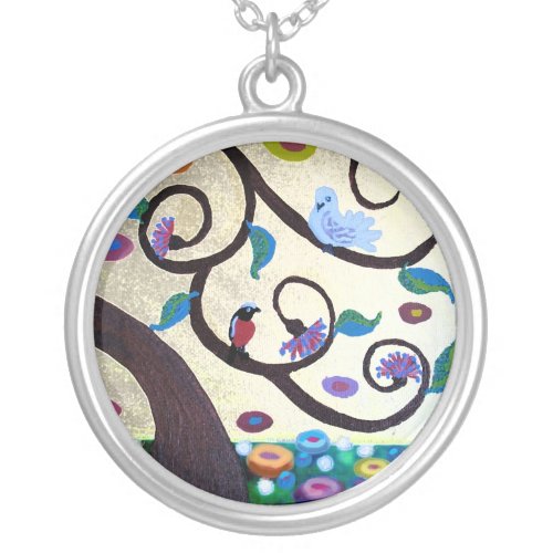 Tree with birds silver plated necklace