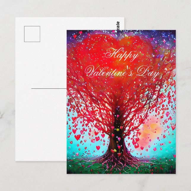 Tree with falling hearts valentine postcard (Front/Back)