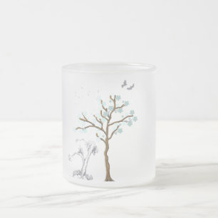 Tree with Flowers on Blue Background Frosted Glass Coffee Mug