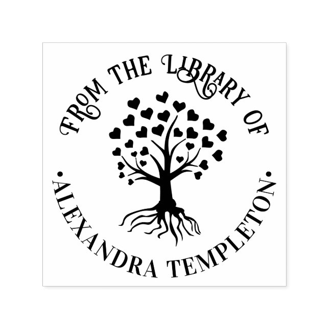 Tree with Heart Leaves,Roots Rnd Library Book Name Self-inking Stamp (Design)