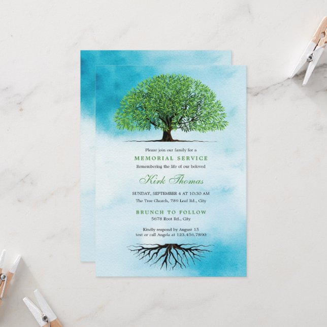 Tree with Leaves and Roots Death Anniversary Invitation (Front/Back In Situ)