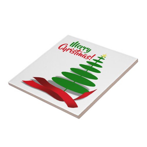 Tree With Red Ribbon Christmas Ceramic Tile