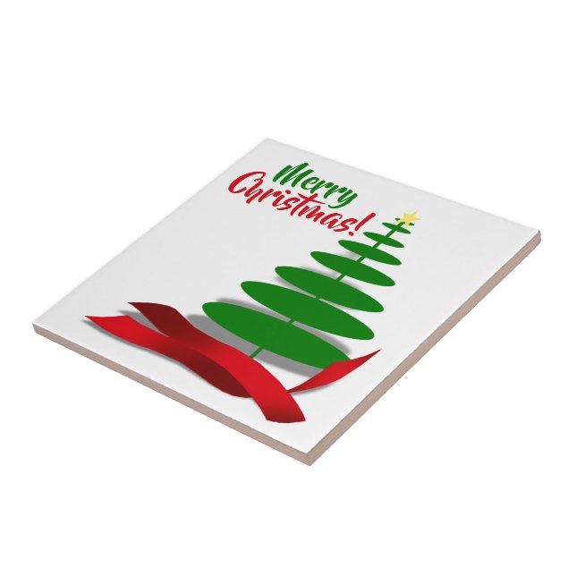 Tree With Red Ribbon Christmas Ceramic Tile (Side)