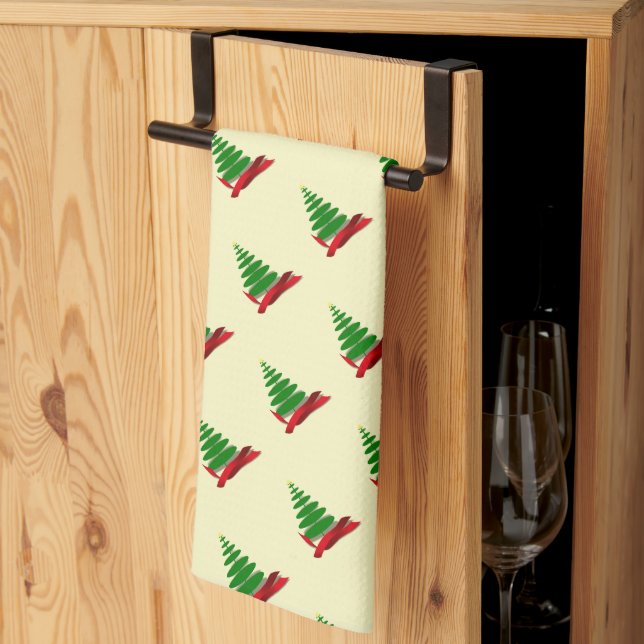 Tree with Red Ribbon Christmas Kitchen Towel (Thirds Fold)
