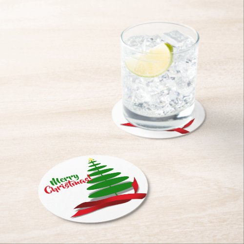 Tree With Red Ribbon Christmas Round Paper Coaster