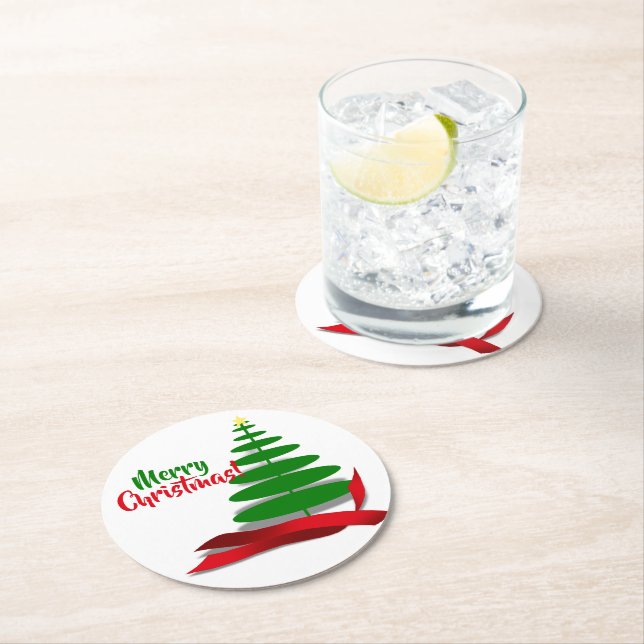Tree With Red Ribbon Christmas Round Paper Coaster (Insitu)